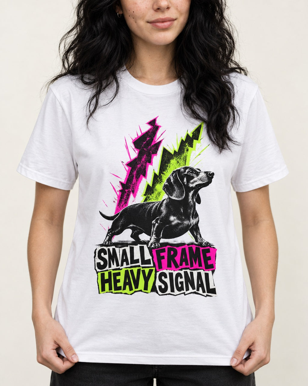 Dachshund Small Frame Heavy Signal T-Shirt in White, worn by a model, front view