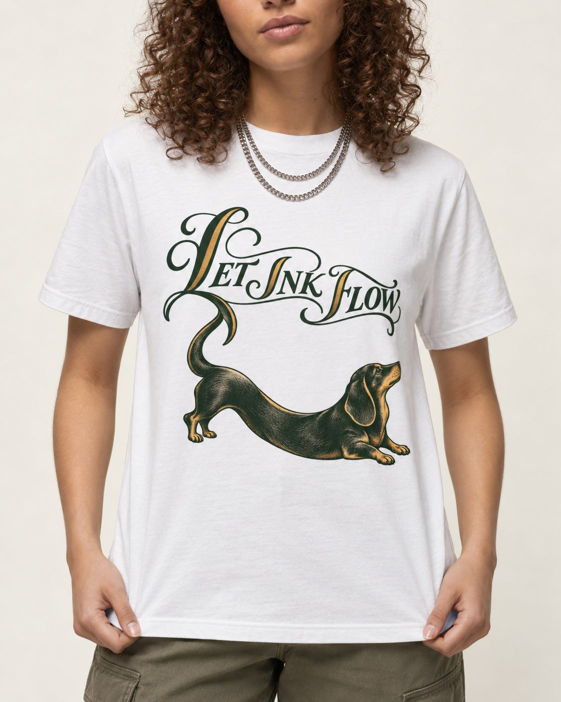 Let the Dachshund Ink Flow T-Shirt in White, worn by a model, front view