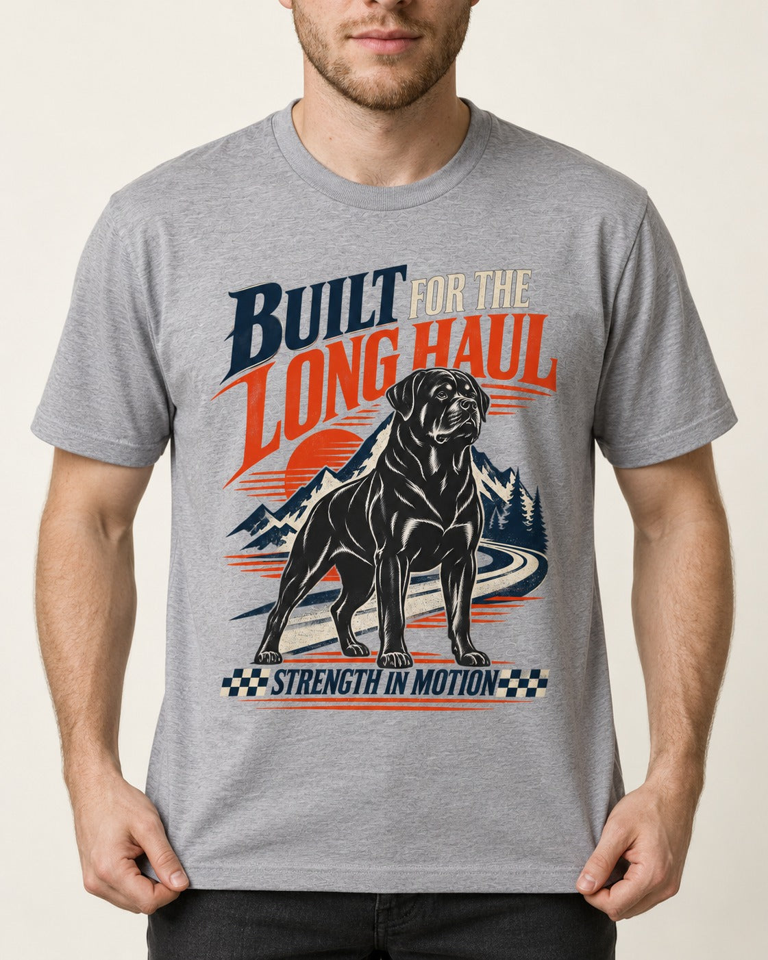 Built for the Long Haul Rottweiler Strength in Motion T-Shirt in Sport Grey, worn by a model, front view