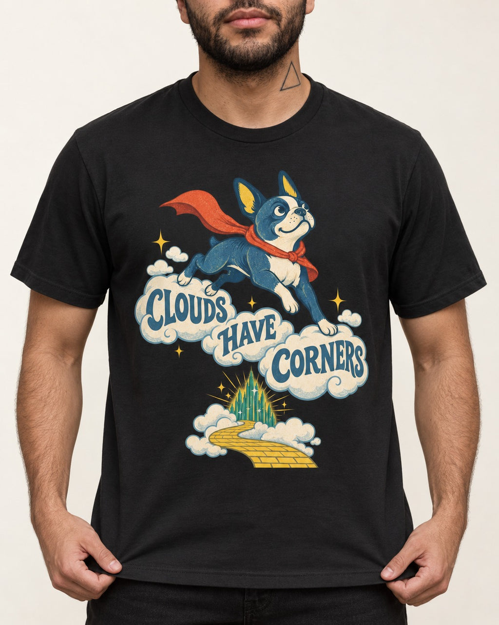 Clouds Have Corners Boston Terrier T-Shirt in Black, worn by a model, front view