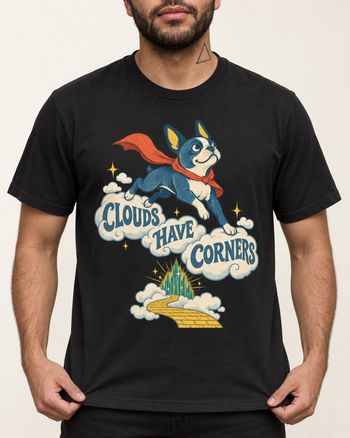 Clouds Have Corners Boston Terrier T-Shirt in Black, worn by a model, front view
