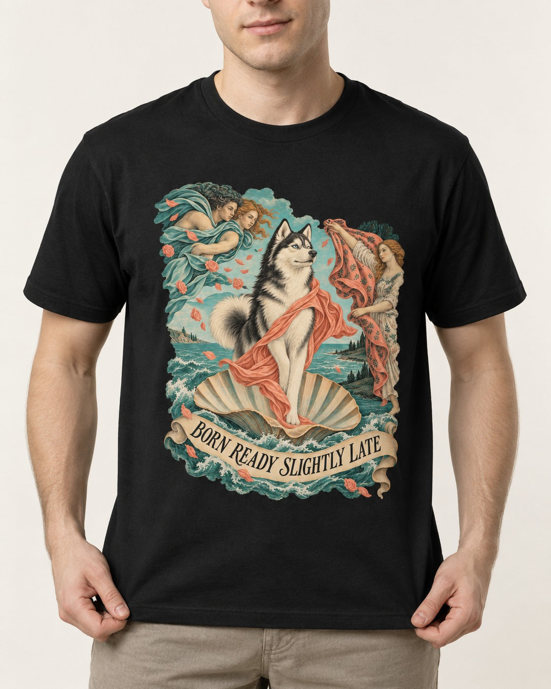 Husky Born Ready Slightly Late Renaissance Graphic T-Shirt in Black, worn by a model, front view
