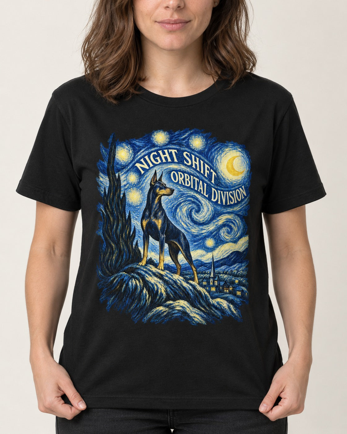 Doberman Night Shift Orbital Division Starry Night Graphic T-Shirt in Black, worn by a model, front view