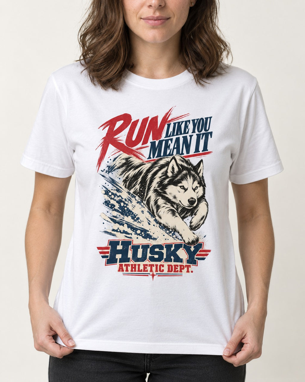 Husky Run with Purpose T-Shirt in White, worn by a model, front view