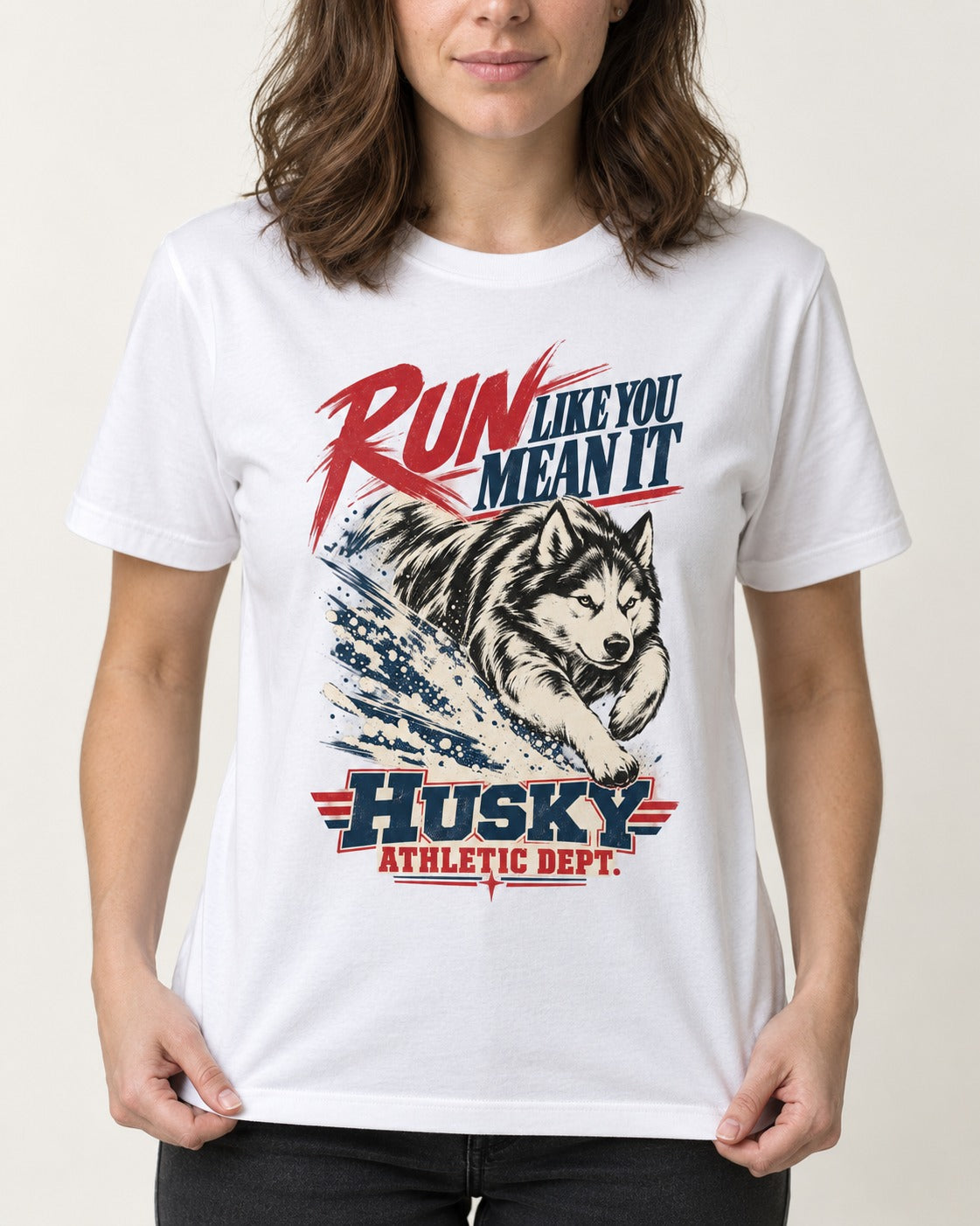 Husky Run with Purpose T-Shirt in White, worn by a model, front view