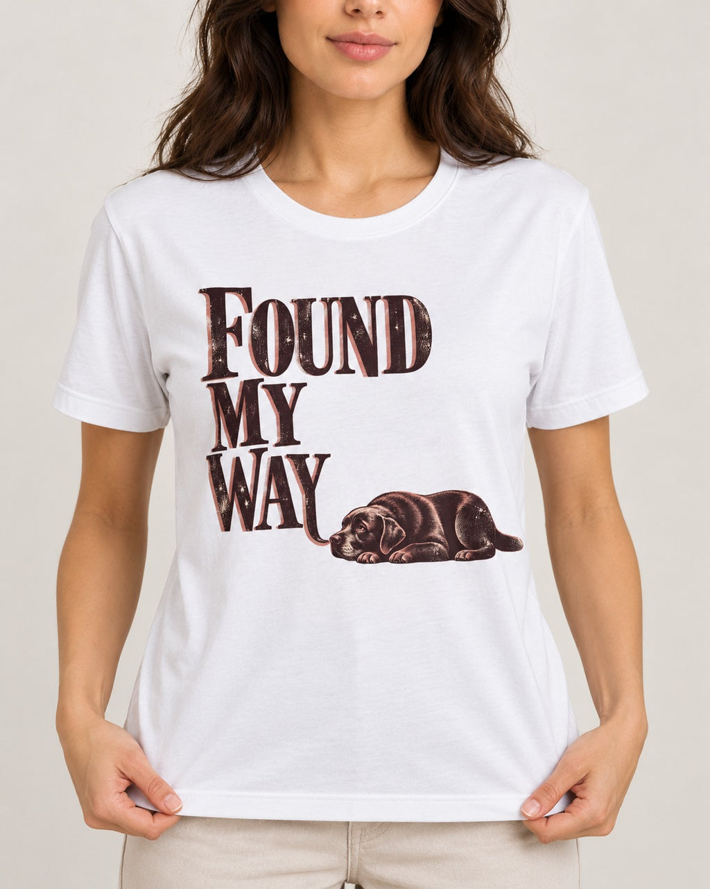 Found My Way Labrador Retriever T-Shirt in White, worn by a model, front view
