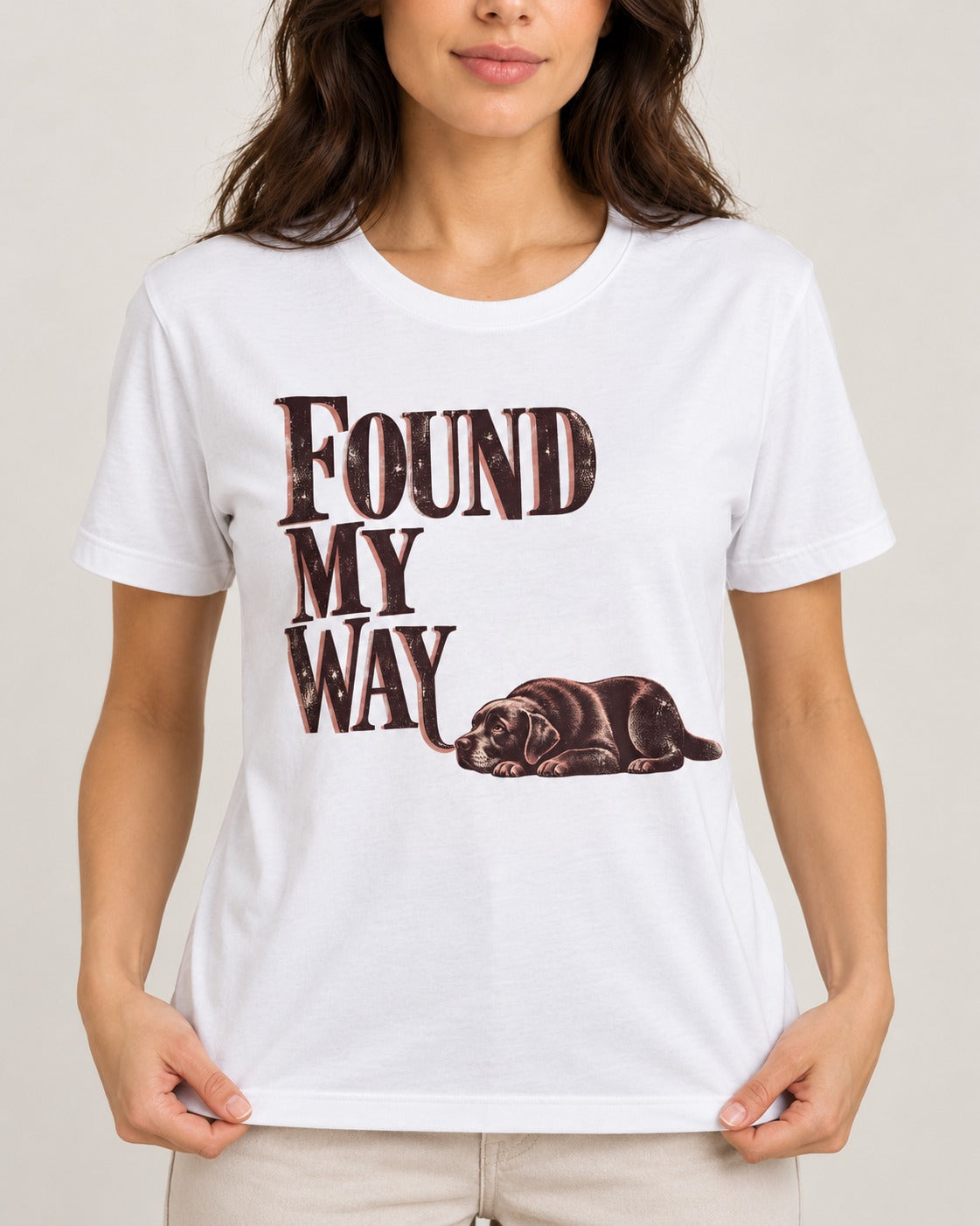 Found My Way Labrador Retriever T-Shirt in White, worn by a model, front view