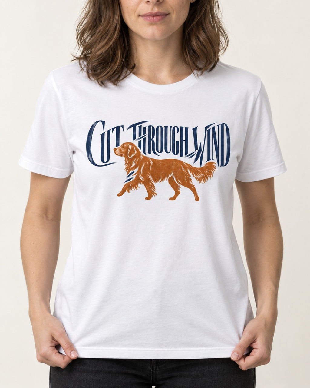 Golden Retriever Cut Through Land T-Shirt in White, worn by a model, front view