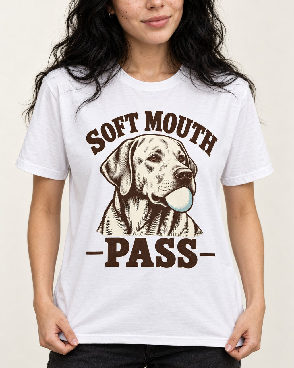 Soft Mouth Pass Labrador Retriever T-Shirt in White, worn by a model, front view