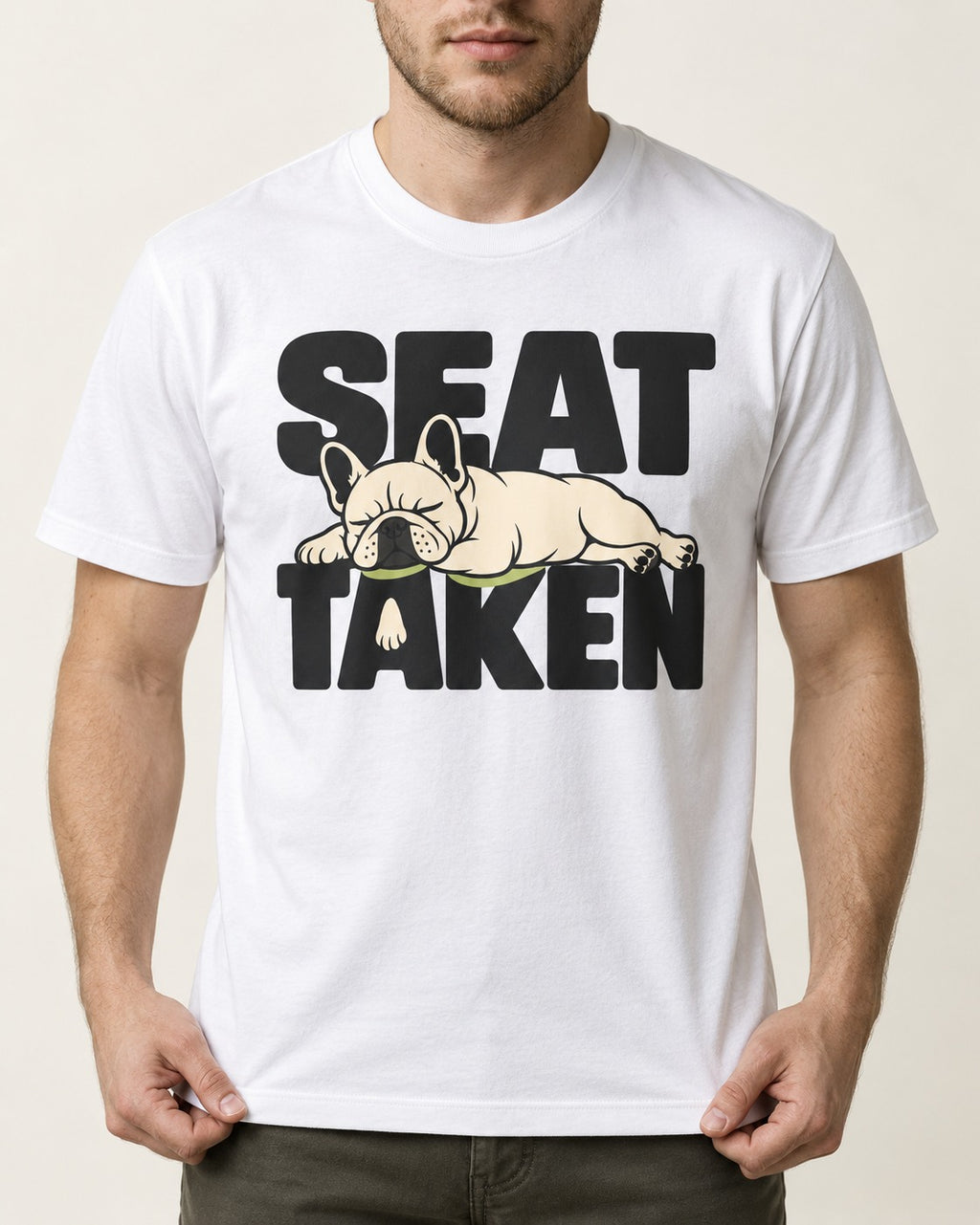 Seat Taken by Frenchie T-Shirt in White, worn by a model, front view