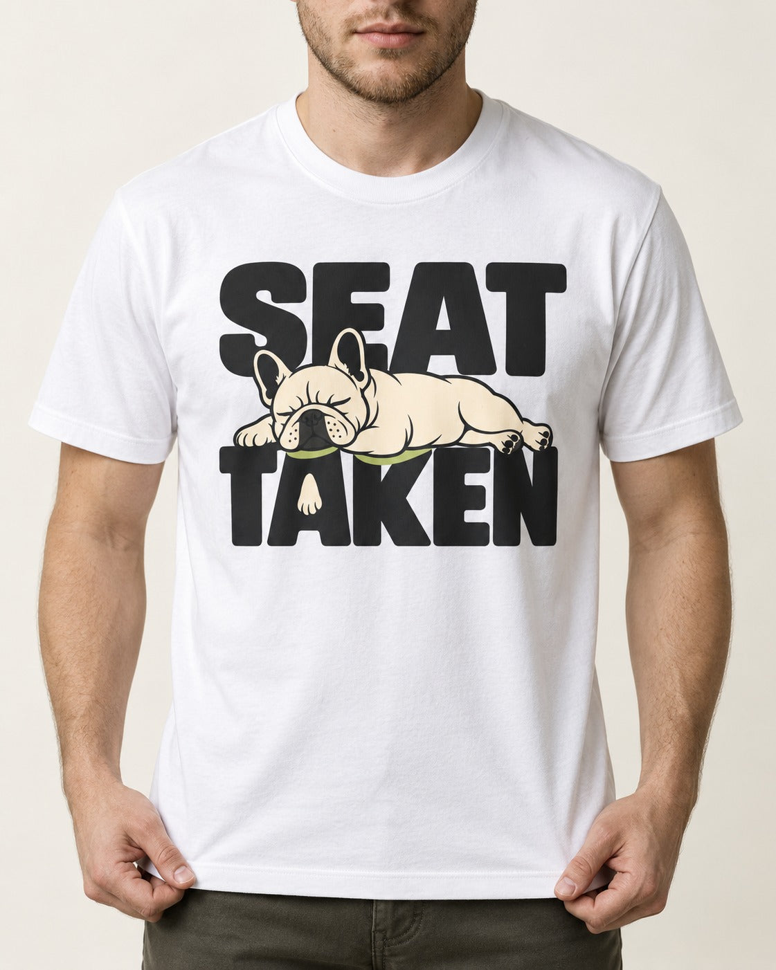 Seat Taken by Frenchie T-Shirt in White, worn by a model, front view