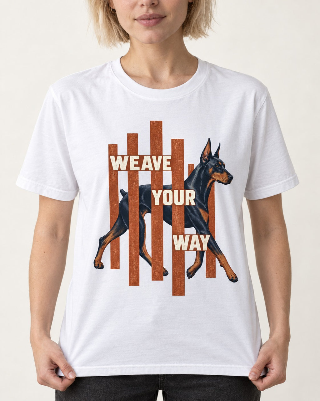 Weave Your Way Doberman T-Shirt in White, worn by a model, front view