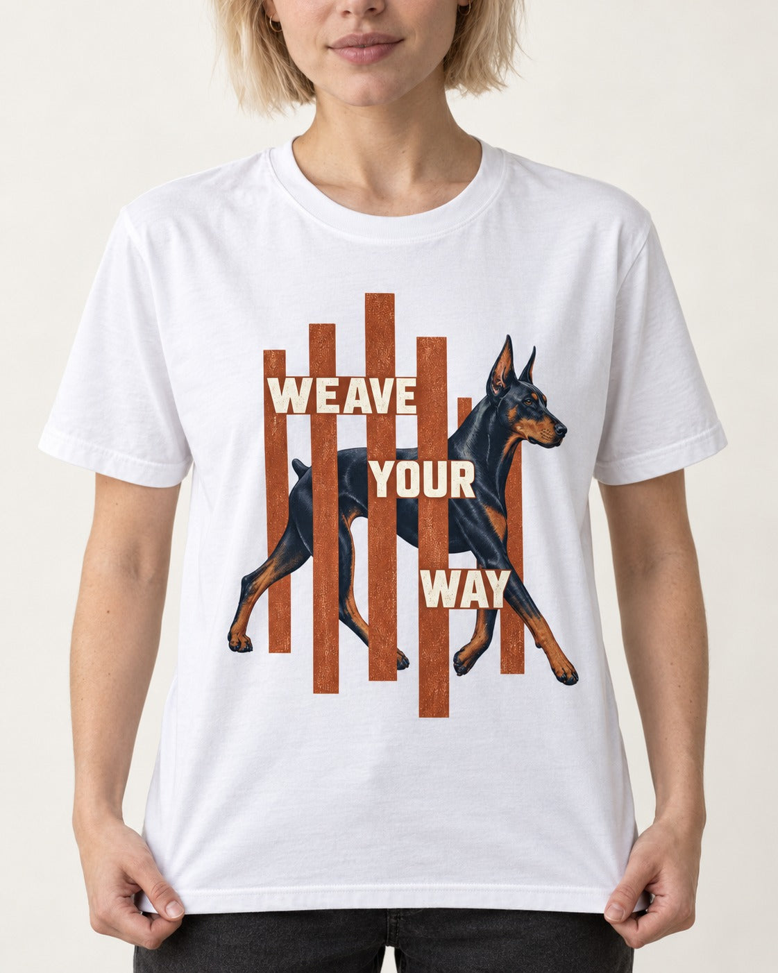 Weave Your Way Doberman T-Shirt in White, worn by a model, front view