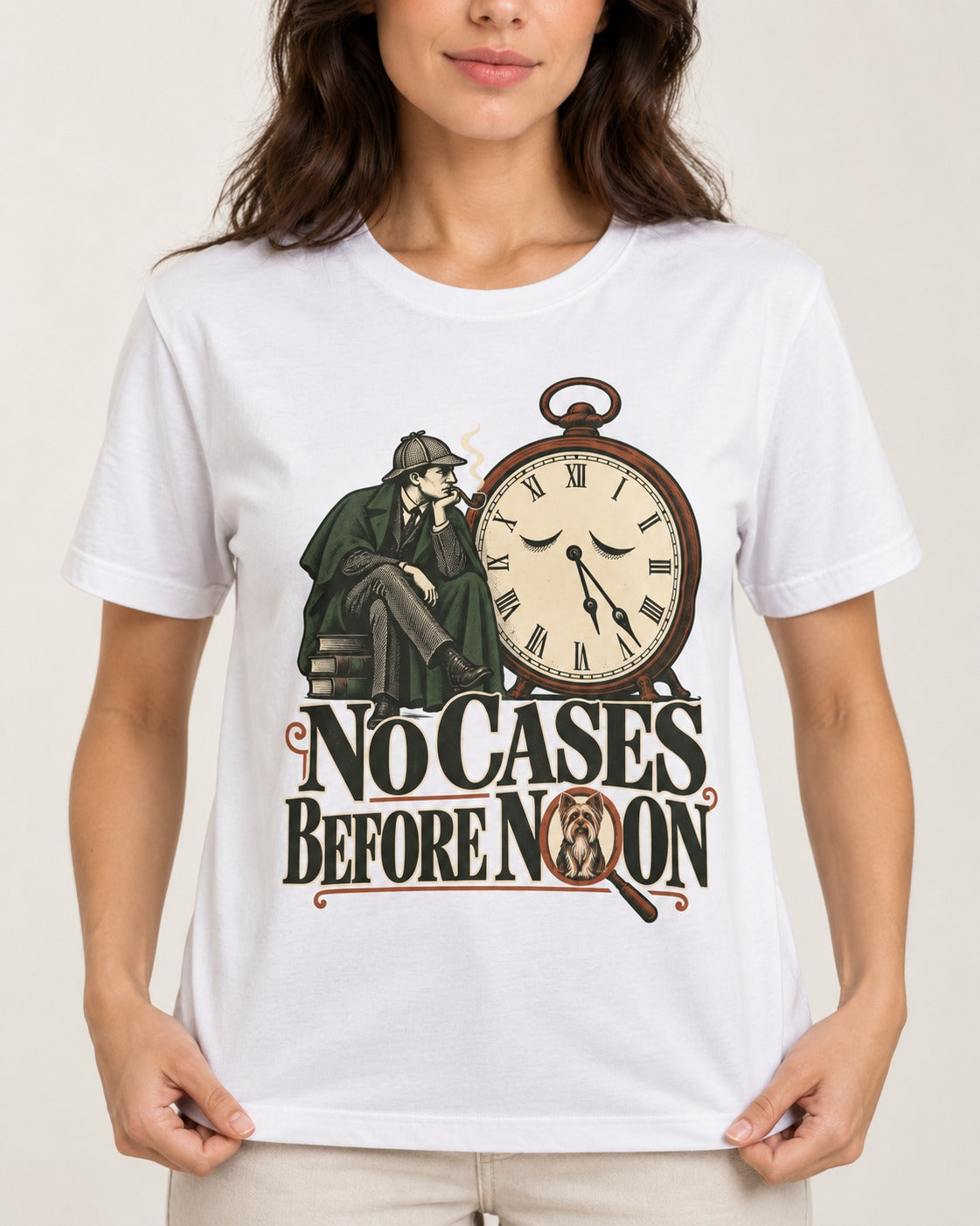 No Cases Before Noon Yorkshire Terrier T-Shirt in White, worn by a model, front view