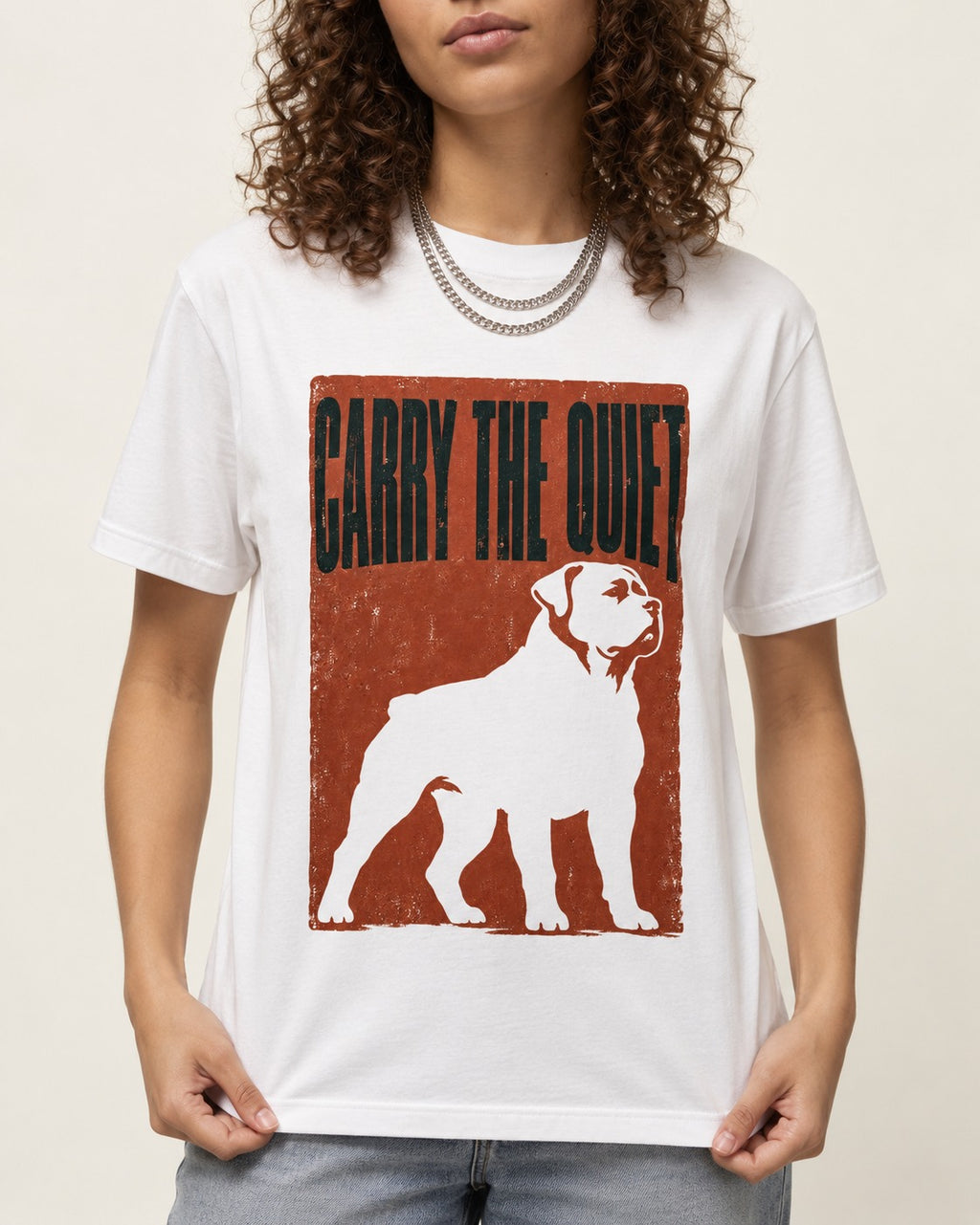 Rottweiler Carry the Quiet T-Shirt in White, worn by a model, front view
