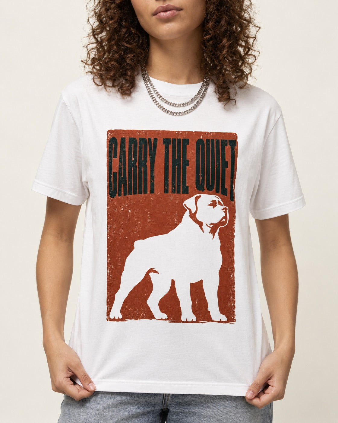 Rottweiler Carry the Quiet T-Shirt in White, worn by a model, front view