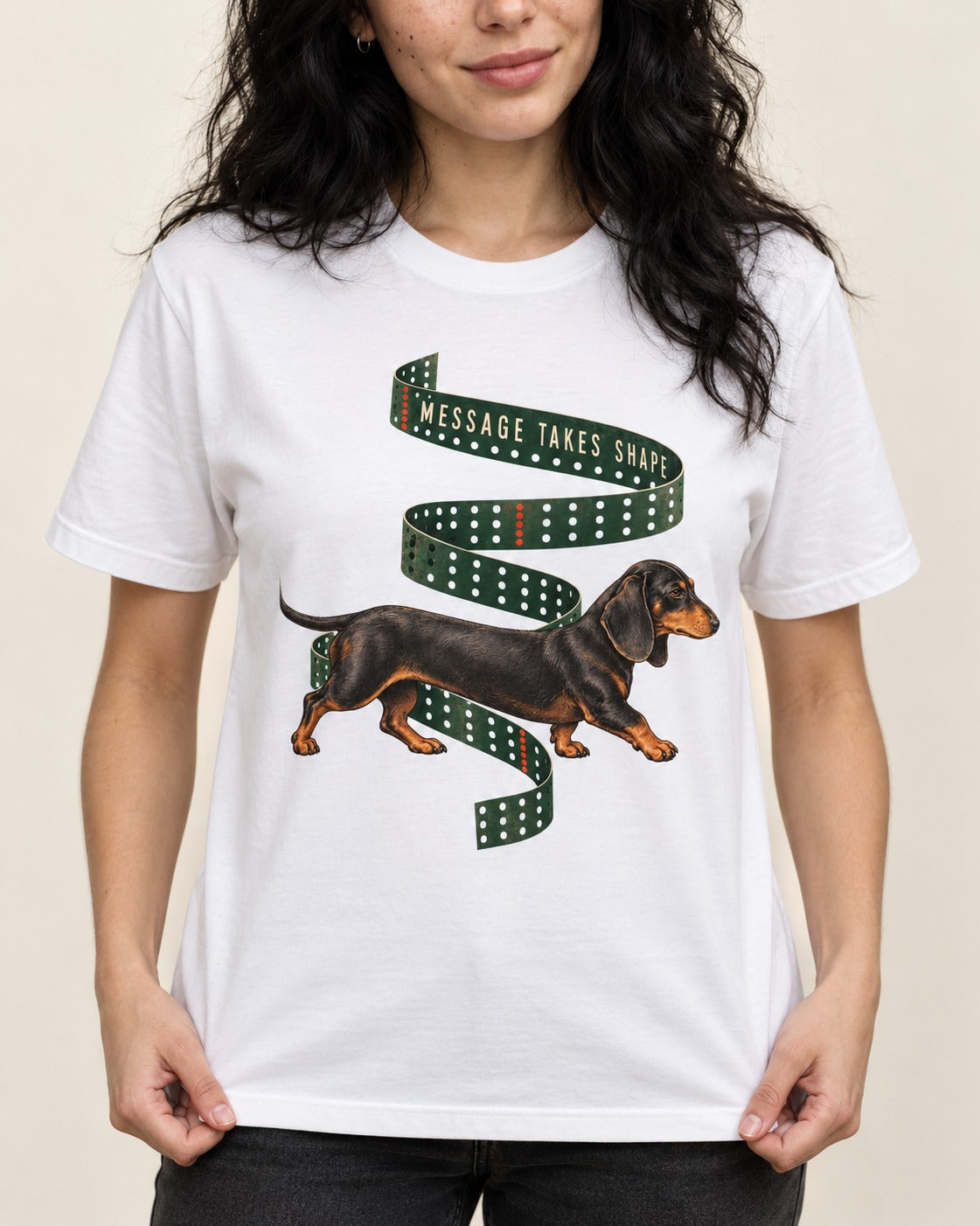 Dachshund Message Takes Shape T-Shirt in White, worn by a model, front view