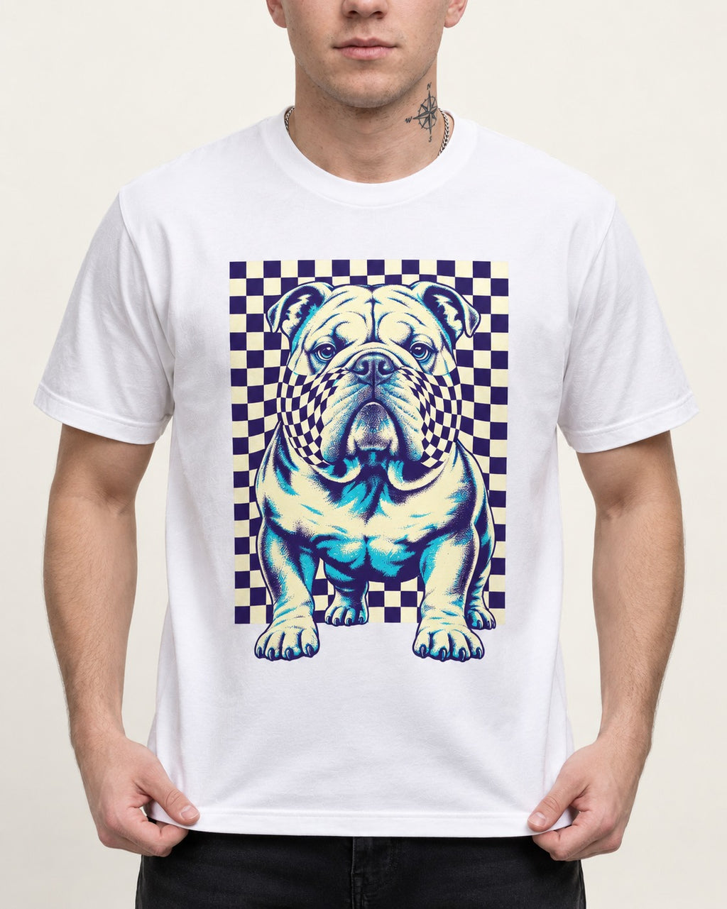 English Bulldog Double Take T-Shirt in White, worn by a model, front view