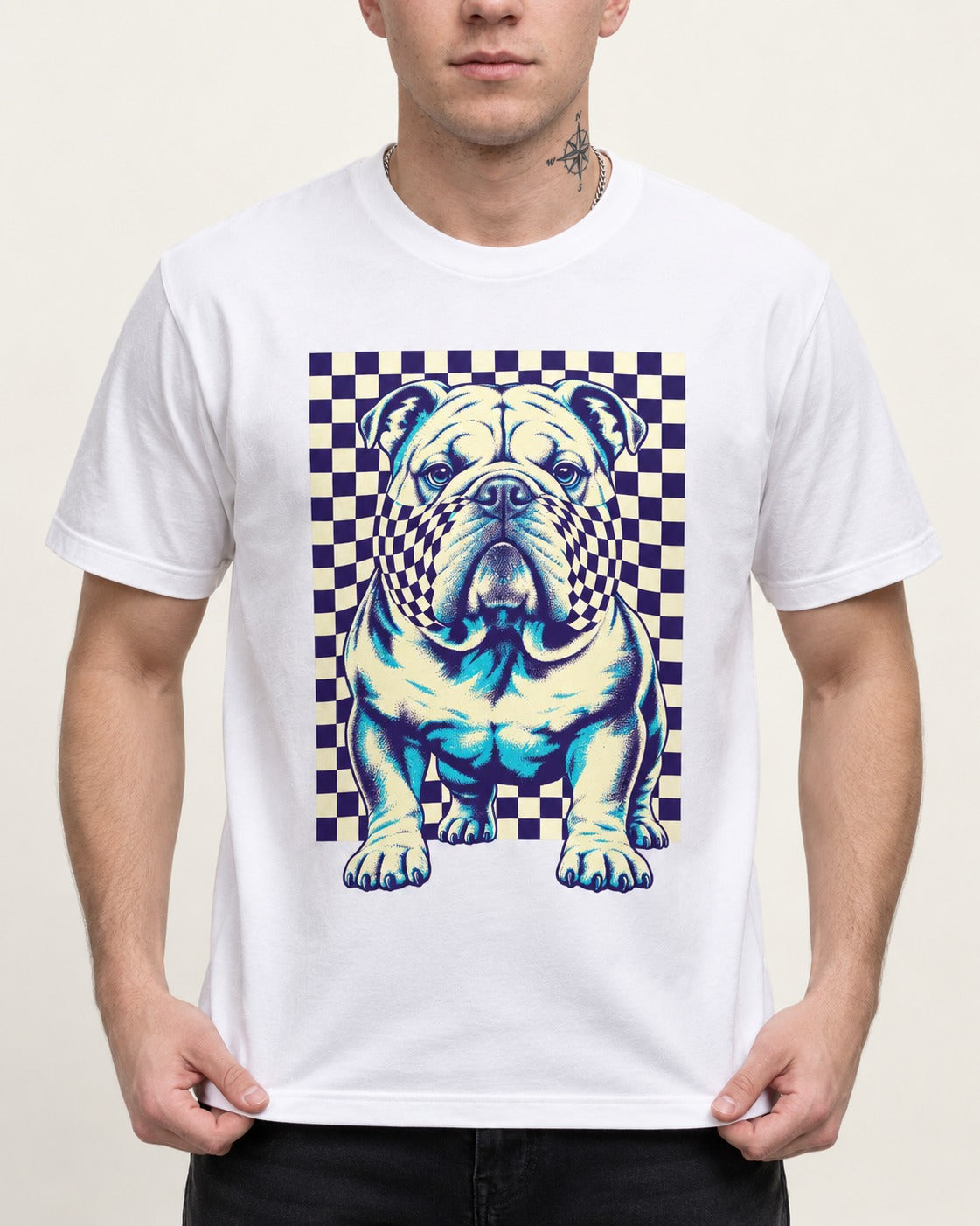English Bulldog Double Take T-Shirt in White, worn by a model, front view