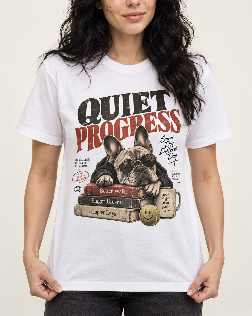 Quiet Progress Frenchie T-Shirt in White, worn by a model, front view