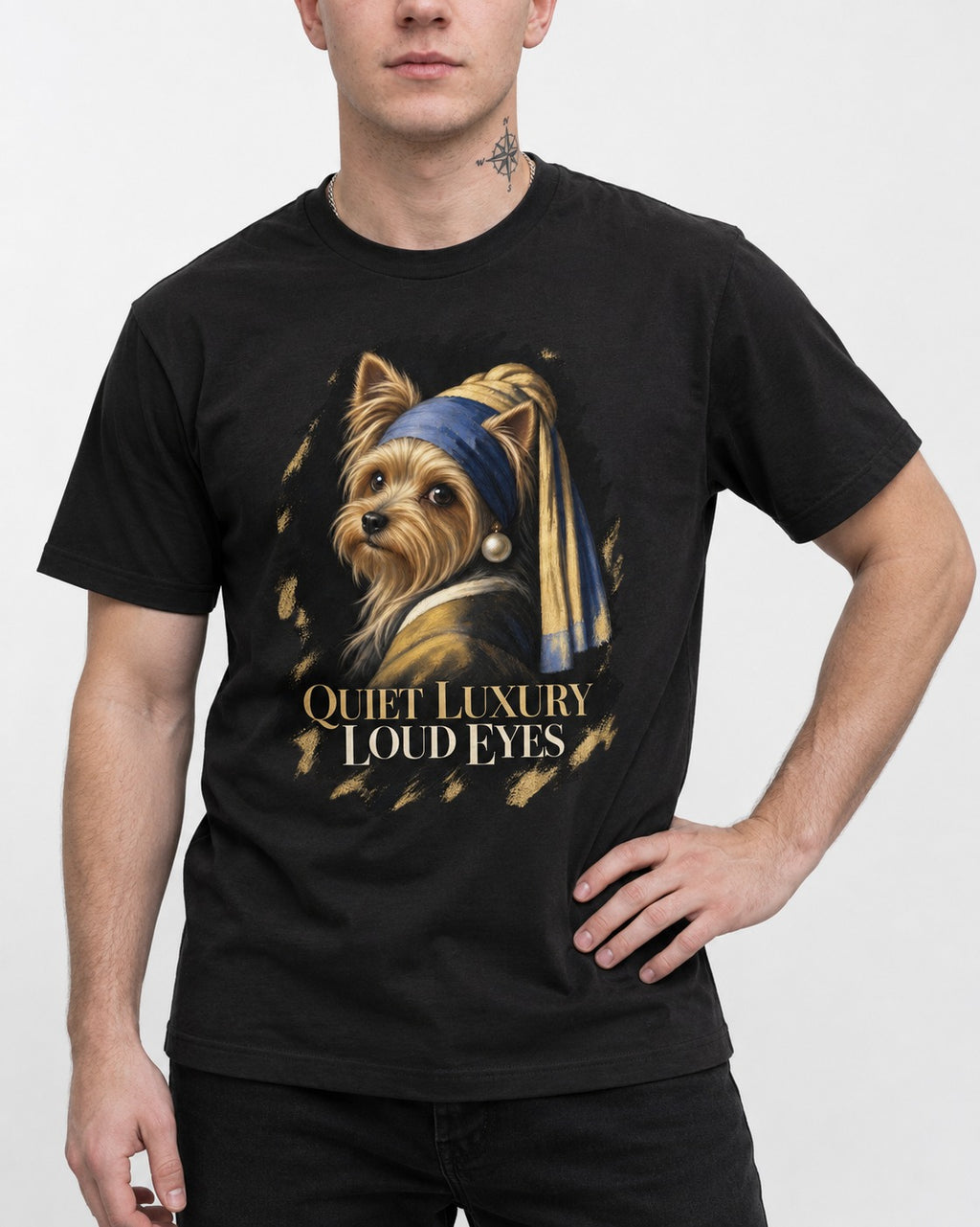 Yorkshire Terrier Quiet Luxury Loud Eyes Pearl Portrait Graphic T-Shirt in Black, worn by a model, front view