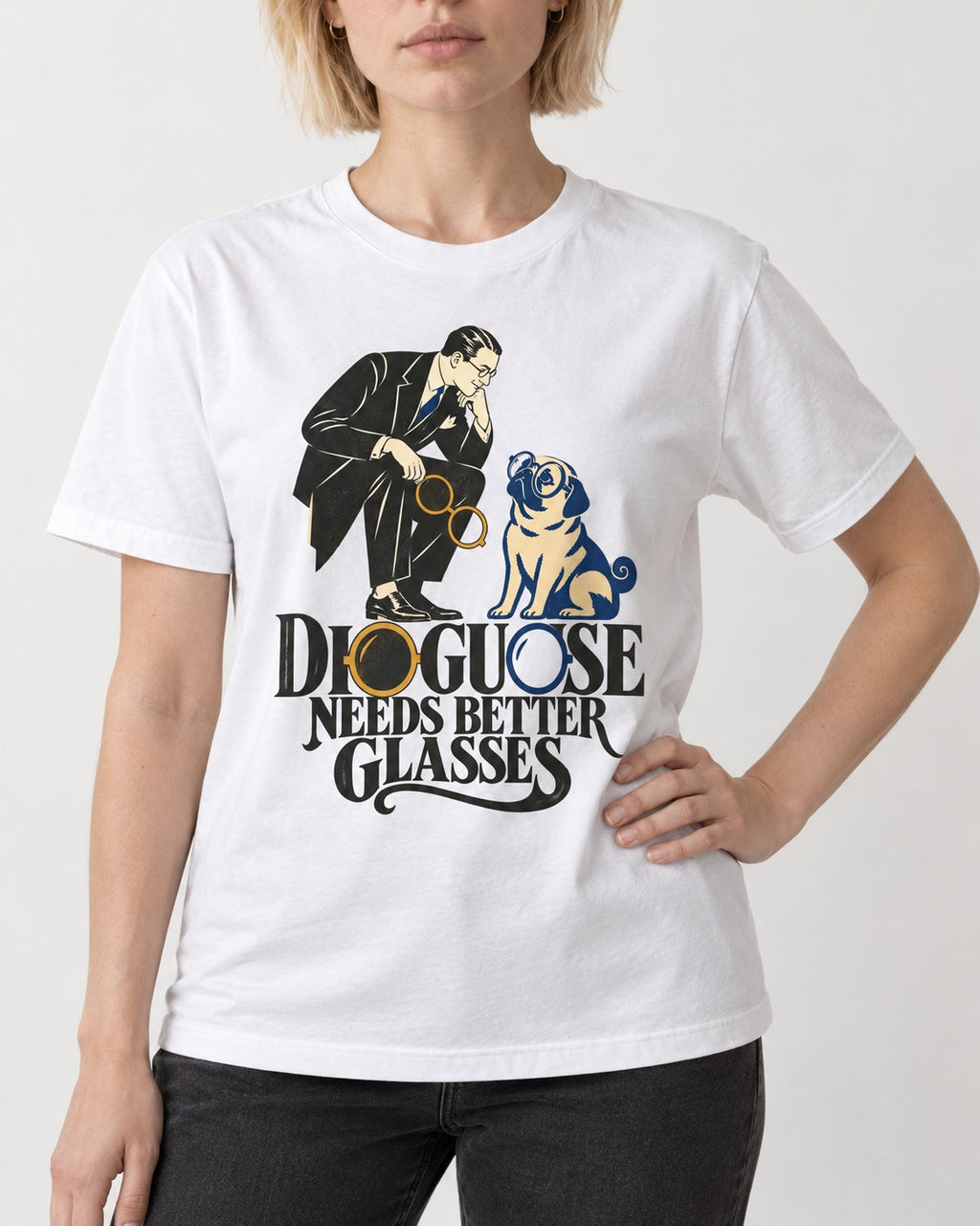 Pug Needs Better Glasses T-Shirt in White, worn by a model, front view