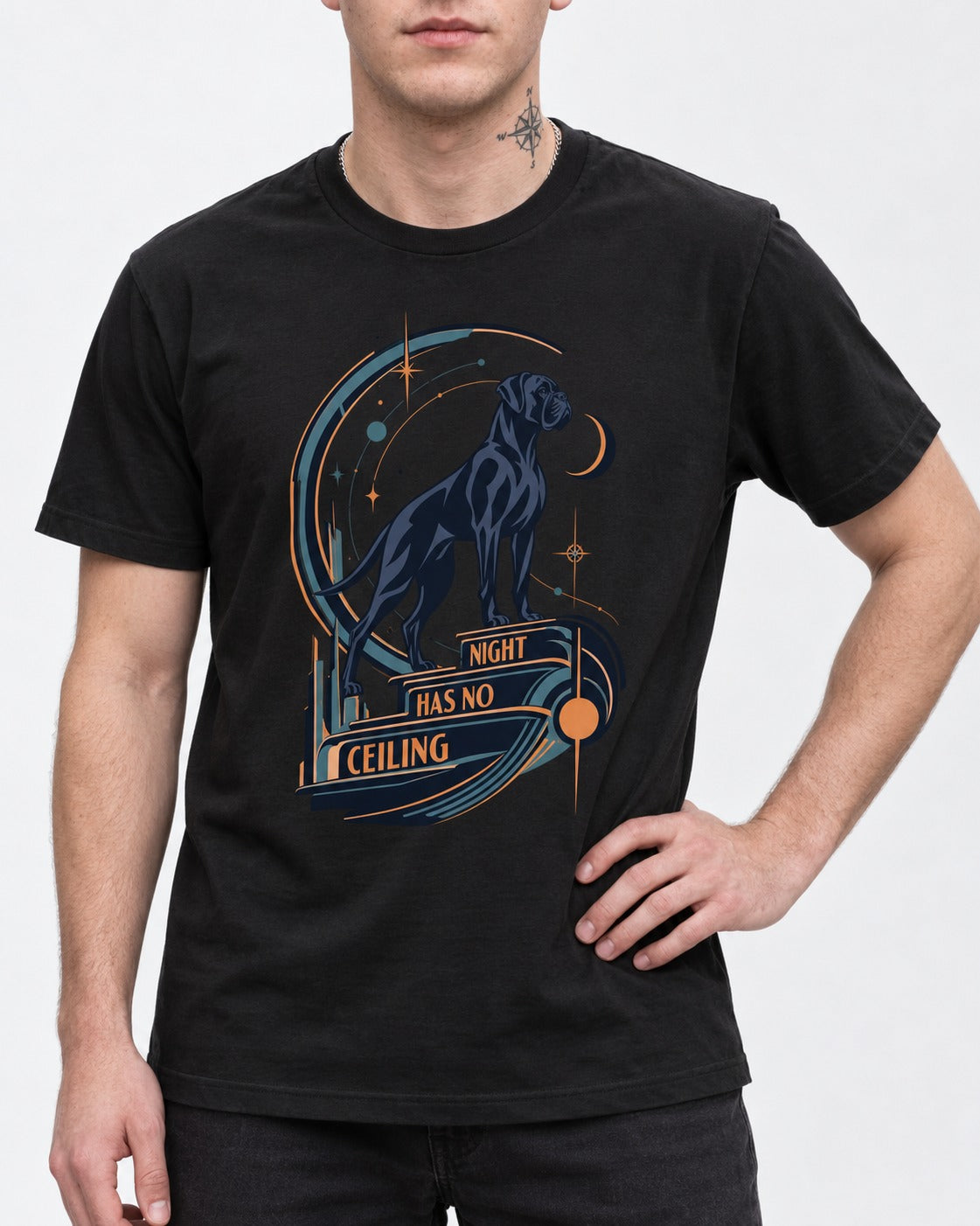 Night Has No Ceiling Boxer Cosmic Graphic T-Shirt in Black, worn by a model, front view