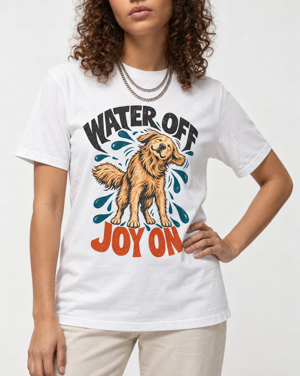 Water Off Joy on Golden Retriever T-Shirt in White, worn by a model, front view