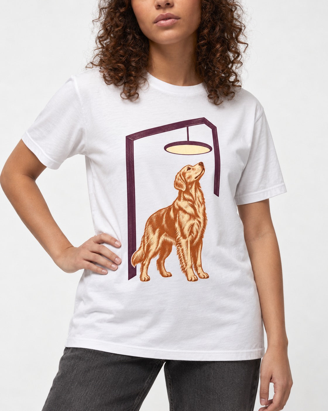 Golden Retriever Bright Idea T-Shirt in White, worn by a model, front view