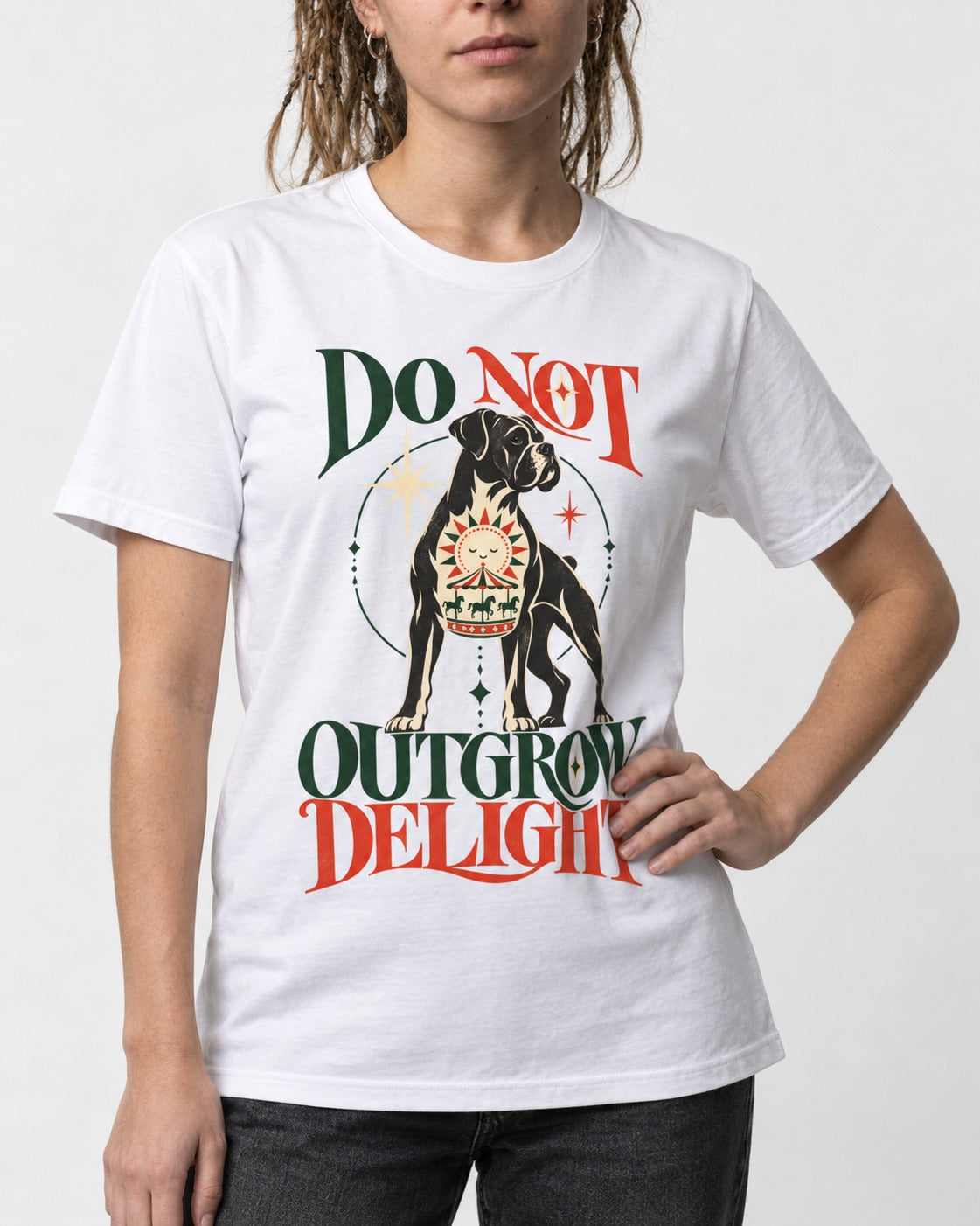 Boxer Do Not Outgrow Delight T-Shirt in White, worn by a model, front view