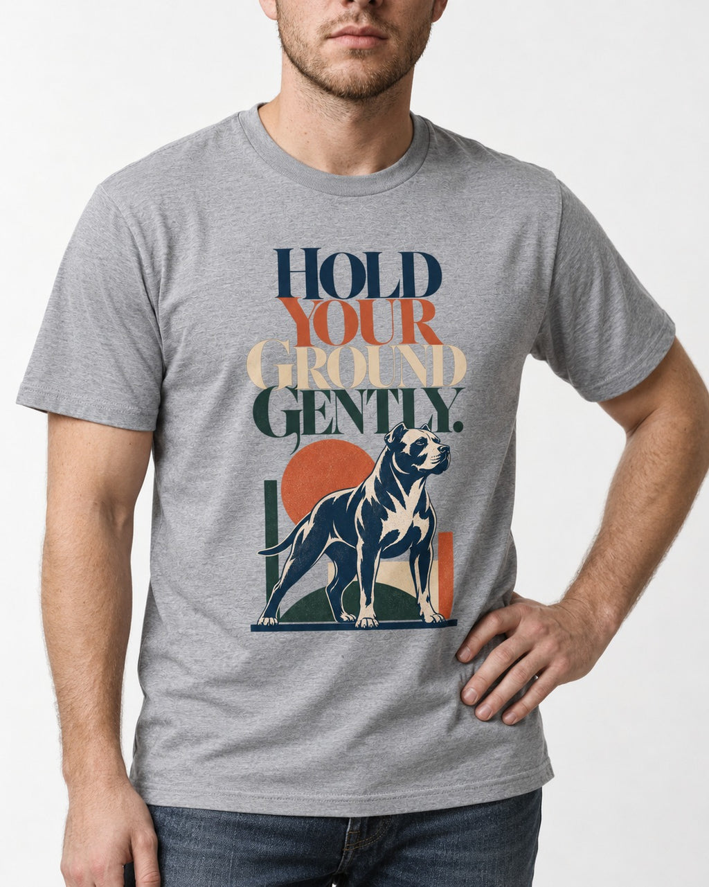 Pitbull Hold Your Ground Gently Standing Dog Graphic T-Shirt in Sport Grey, worn by a model, front view