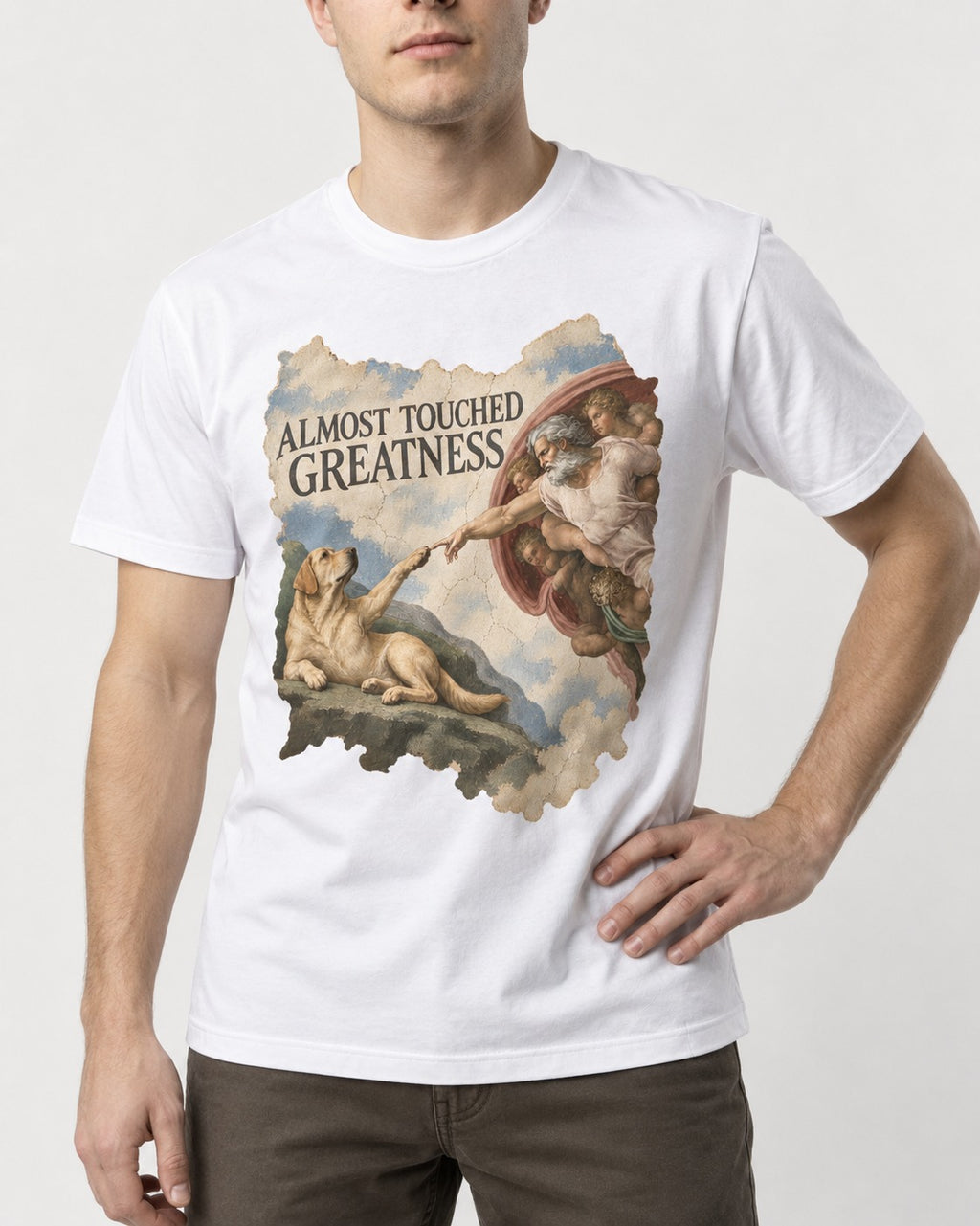 Labrador Retriever Almost Touched Greatness T-Shirt in White, worn by a model, front view