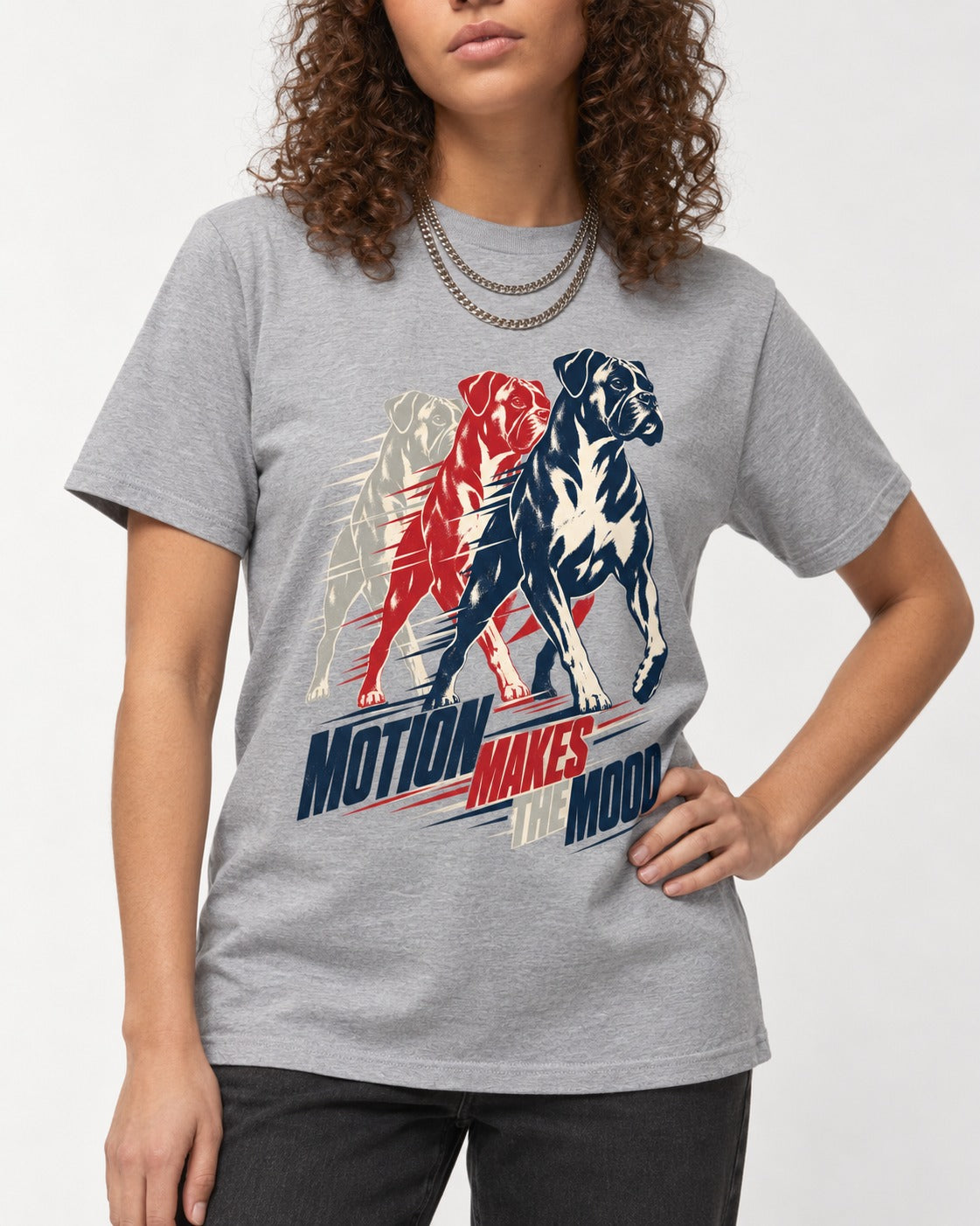 Boxer Motion Makes the Mood T-Shirt in Sport Grey, worn by a model, front view