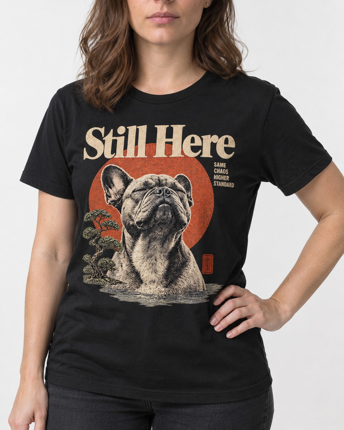 Frenchie Still Here Bonsai Portrait Graphic T-Shirt in Black, worn by a model, front view