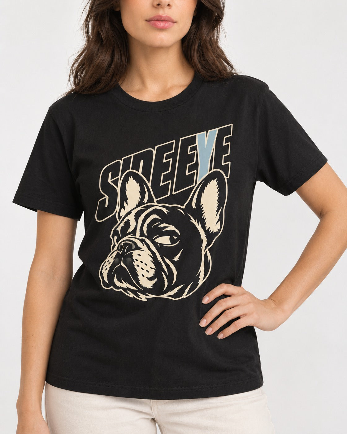 Frenchie Side Eye Portrait Graphic T-Shirt in Black, worn by a model, front view
