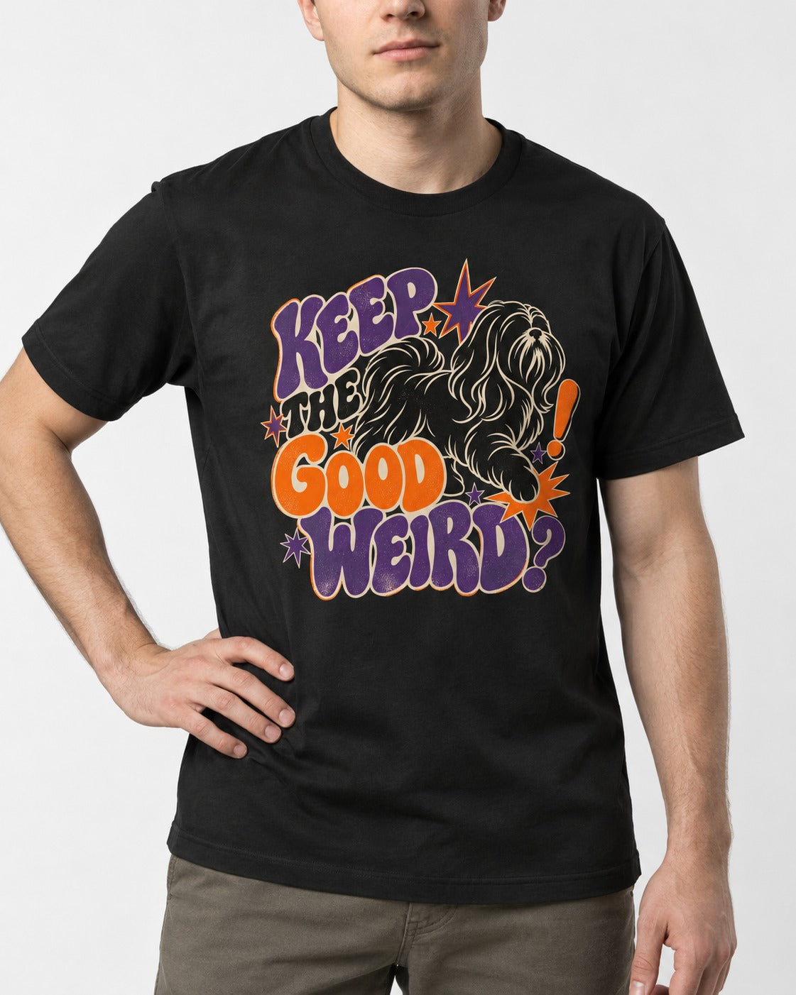 Shih Tzu Keep the Good Weird Retro Typography Graphic T-Shirt in Black, worn by a model, front view
