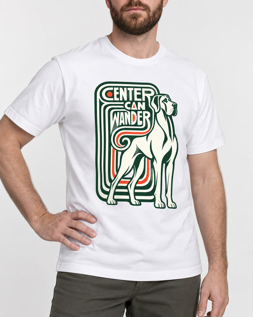 Great Dane Center Can Wander T-Shirt in White, worn by a model, front view