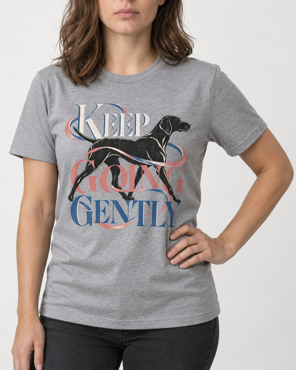 German Shorthaired Pointer Keep Going Gently Walking Graphic T-Shirt in Sport Grey, worn by a model, front view
