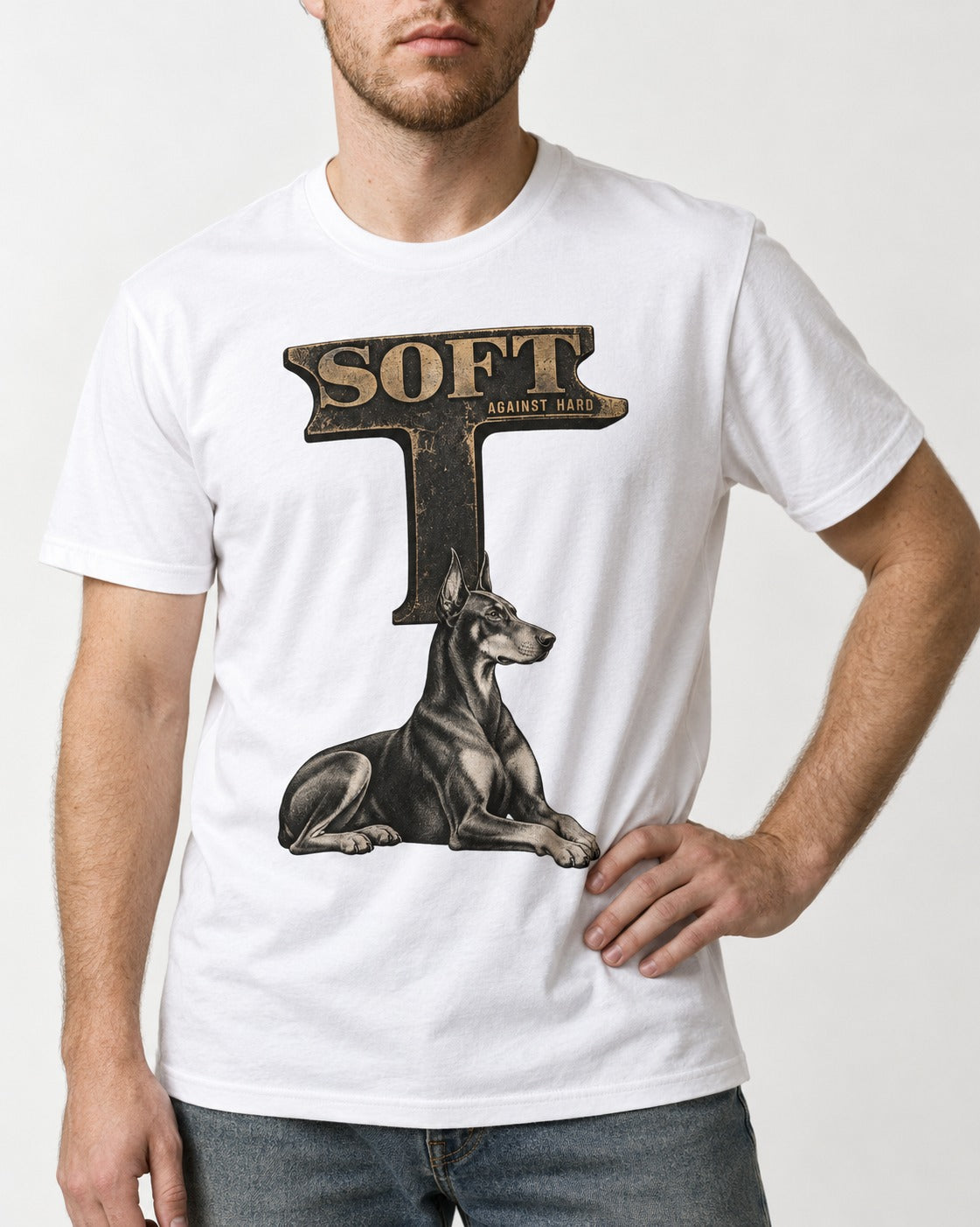 Soft Against Hard Doberman T-Shirt in White, worn by a model, front view