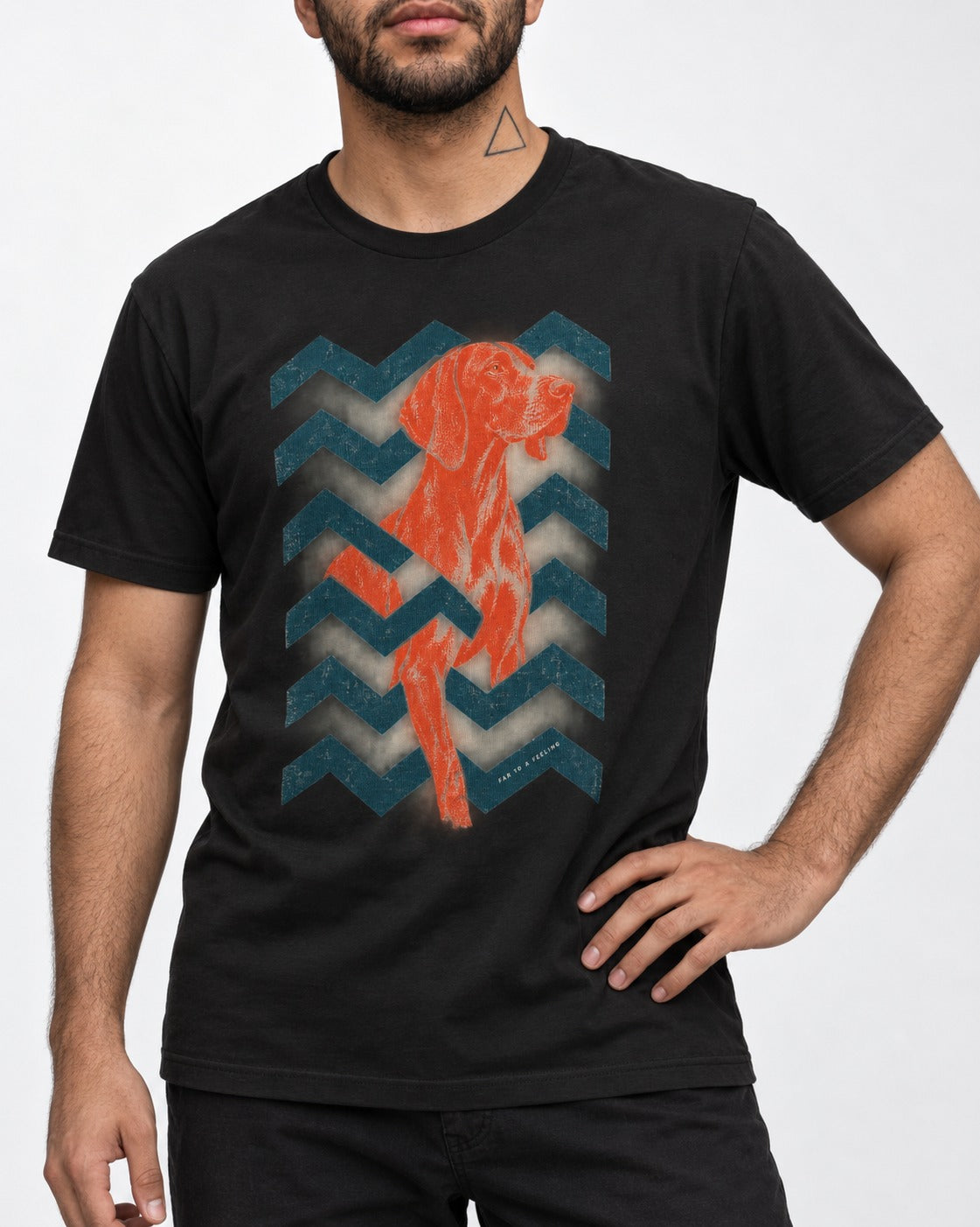 German Shorthaired Pointer Far Is a Feeling Chevron Graphic T-Shirt in Black, worn by a model, front view