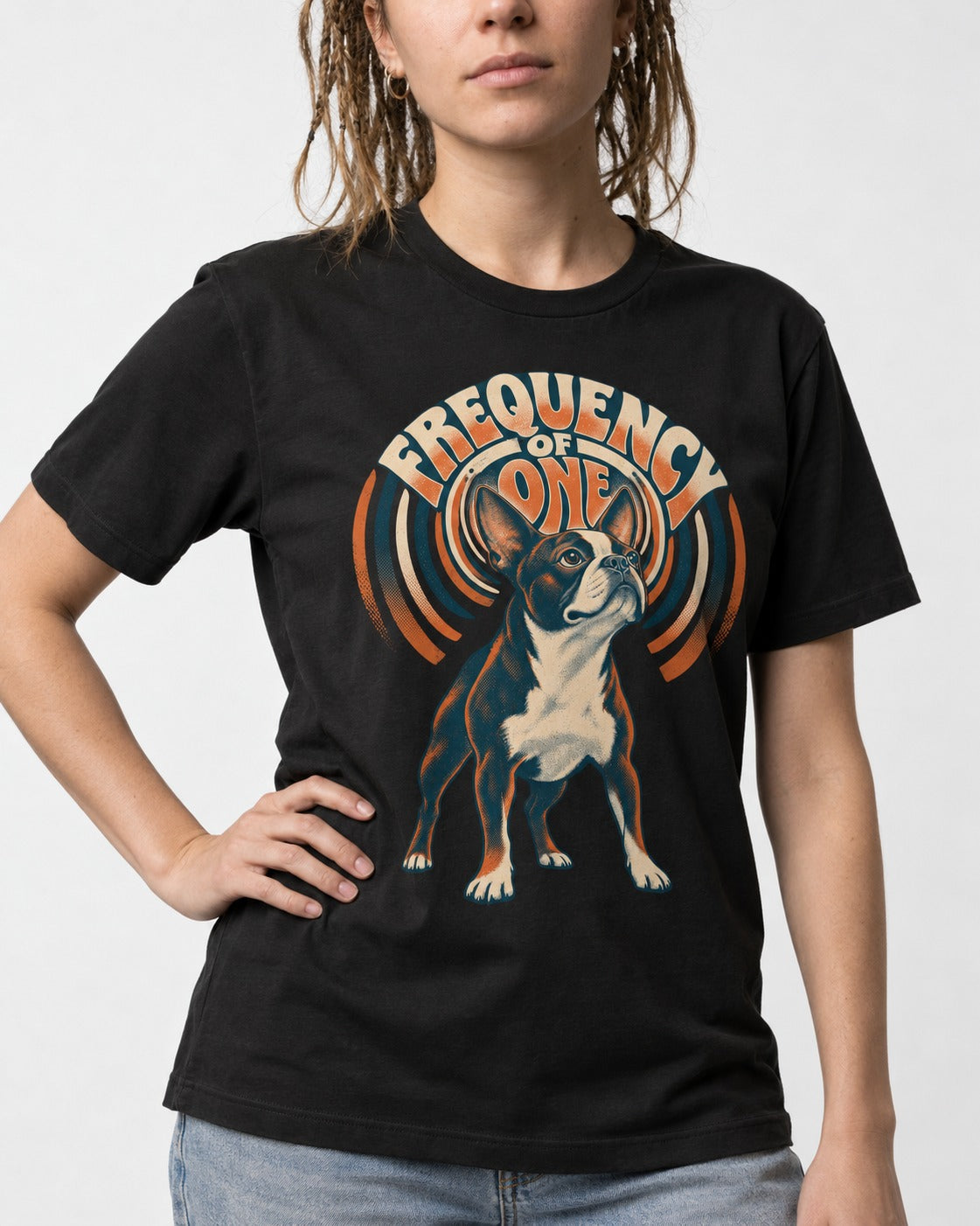 Frequency of One Boston Terrier Graphic T-Shirt in Black, worn by a model, front view