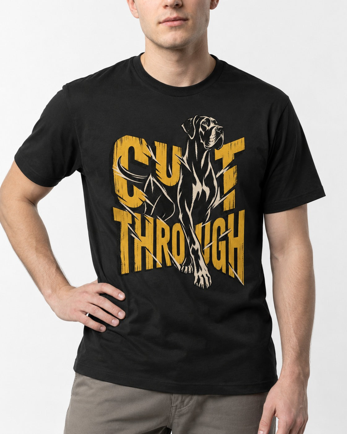 Great Dane Cut Through Breaking Type Graphic T-Shirt in Black, worn by a model, front view