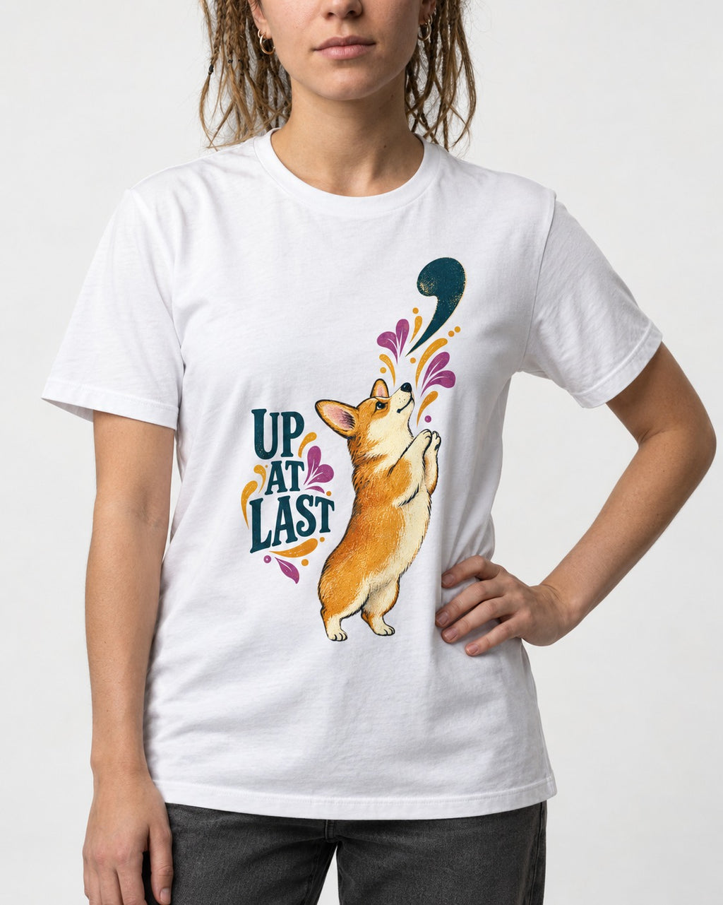 Corgi Up at Last T-Shirt in White, worn by a model, front view