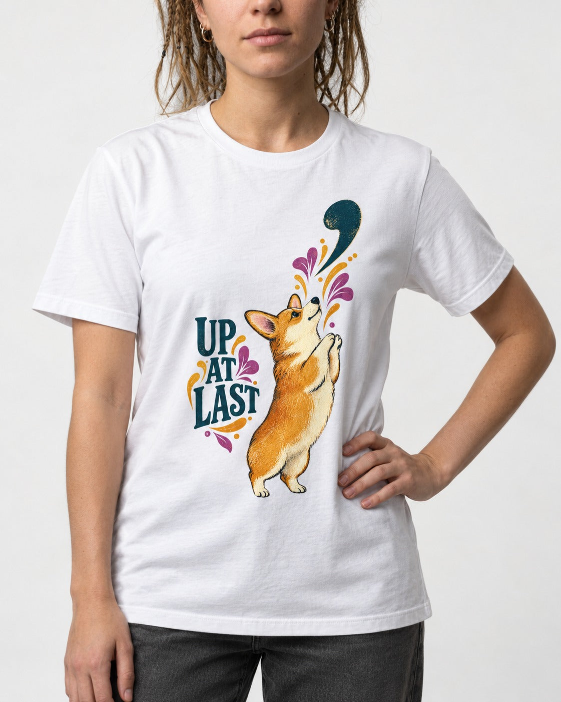 Corgi Up at Last T-Shirt in White, worn by a model, front view