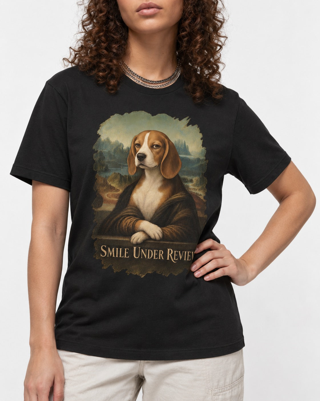 Smile Under Review Beagle Portrait T-Shirt in Black, worn by a model, front view