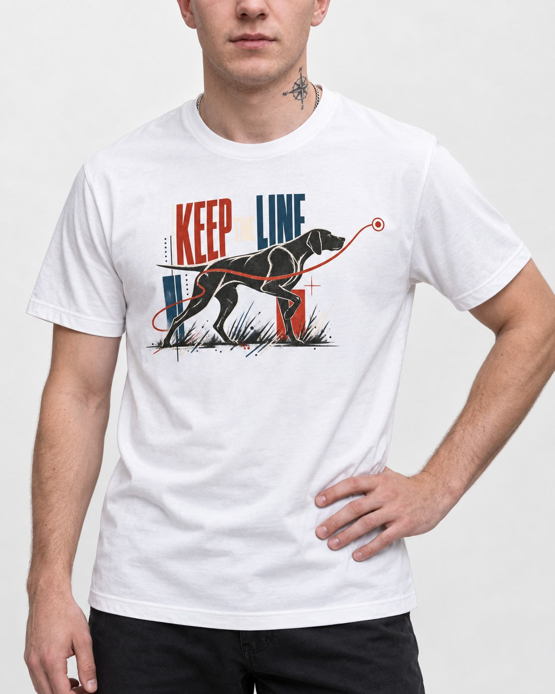 Keep the Line German Shorthaired Pointer T-Shirt in White, worn by a model, front view