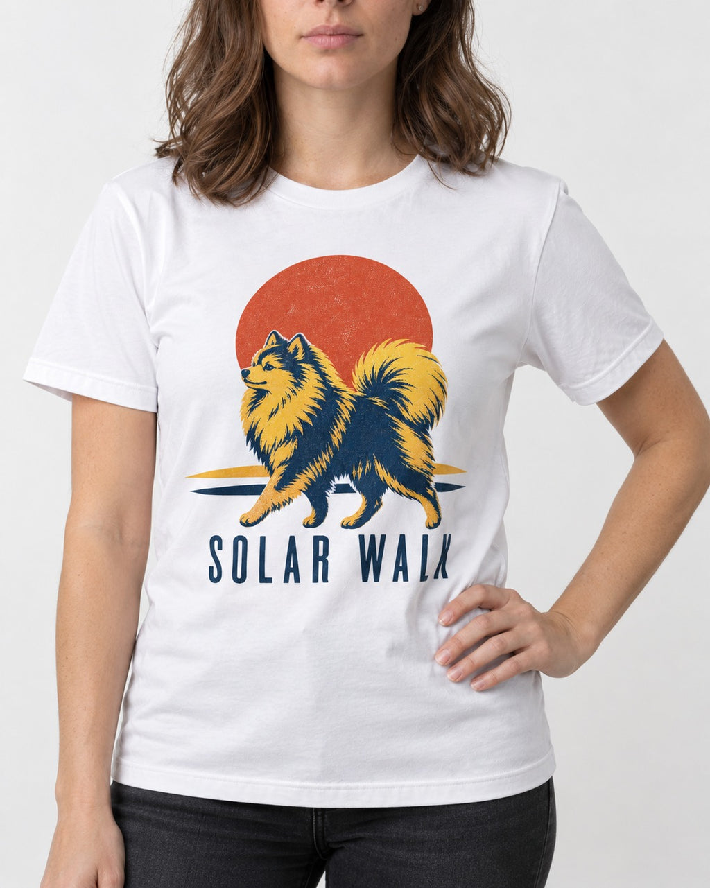 Pomeranian Solar Walk T-Shirt in White, worn by a model, front view