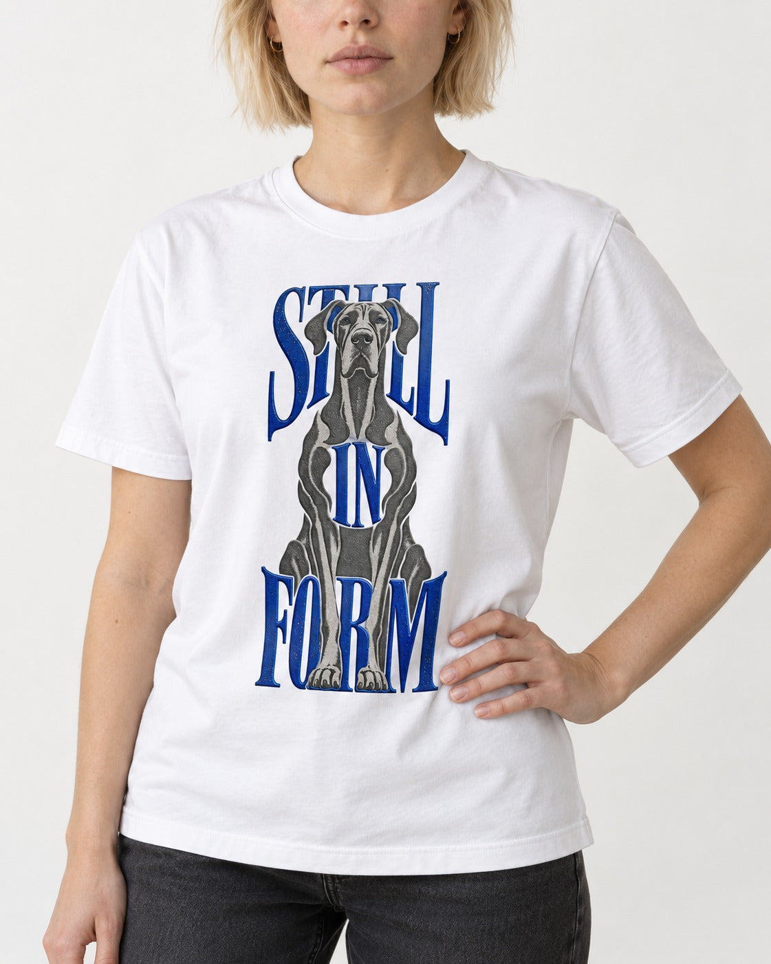 Still in Form Great Dane T-Shirt in White, worn by a model, front view