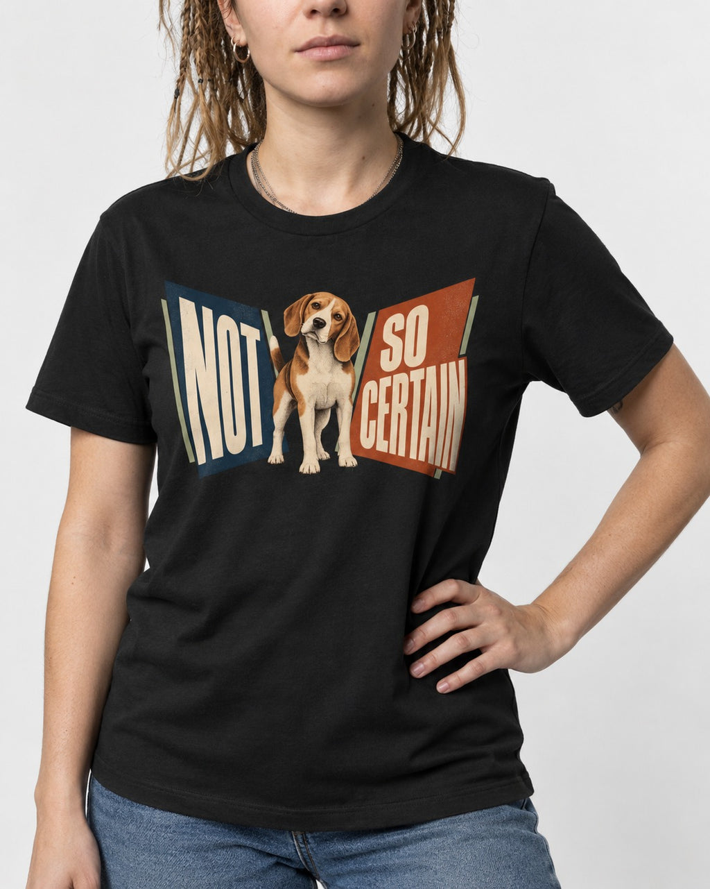 Beagle Not So Certain Retro Panel Graphic T-Shirt in Black, worn by a model, front view