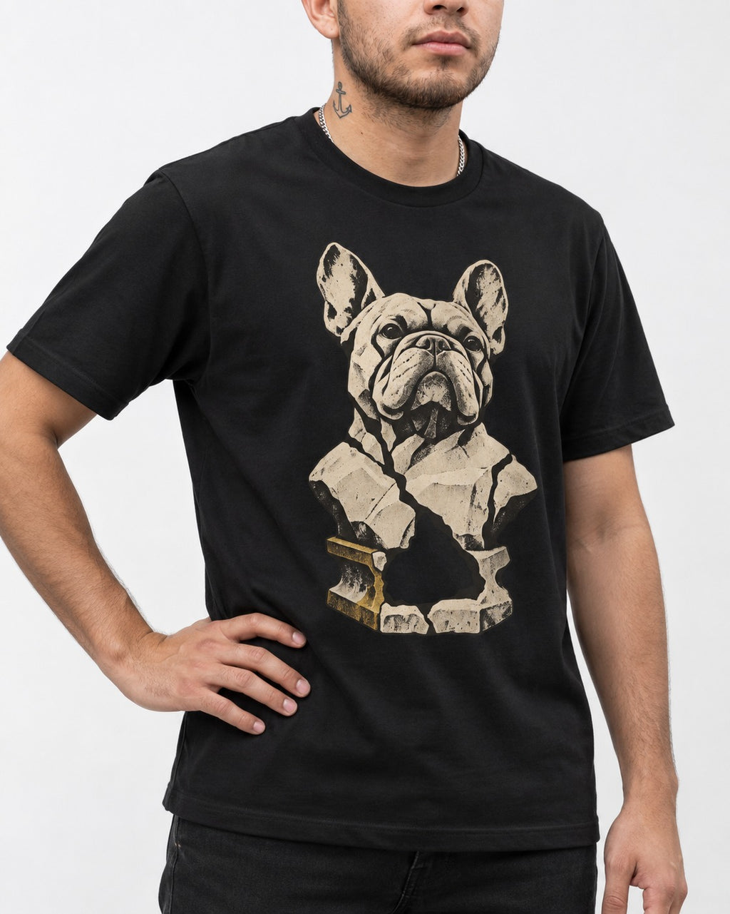 Frenchie Fractured Stone Bust Graphic T-Shirt in Black, worn by a model, front view